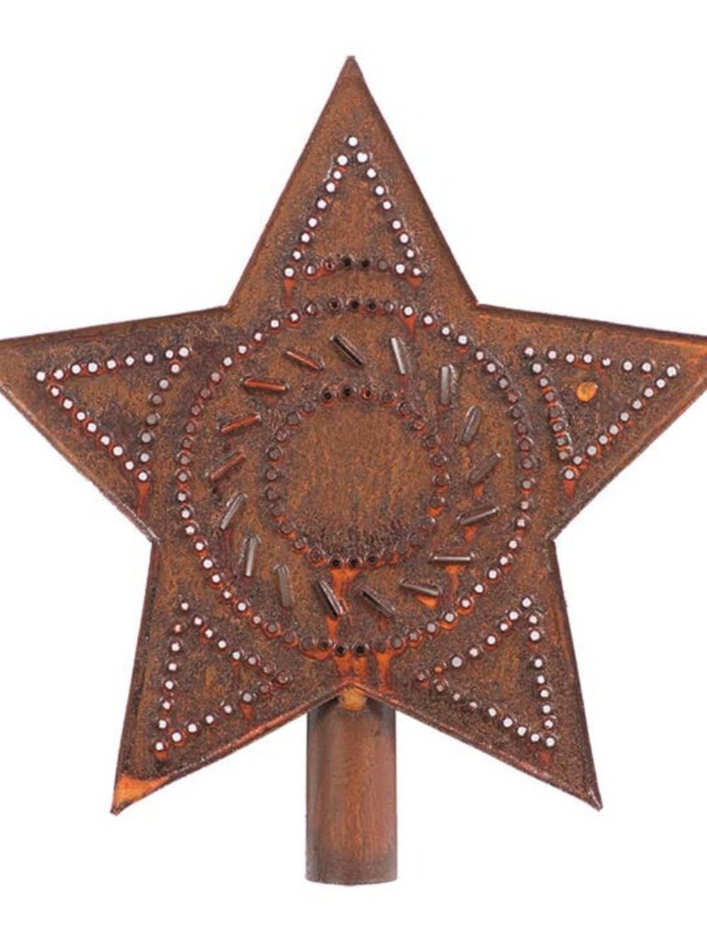 Handcrafted small Christmas Tree topper in rusty punched Tin